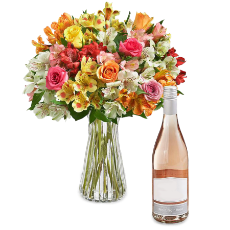 Colorful Celebration Gift Set with Flowers and Wine